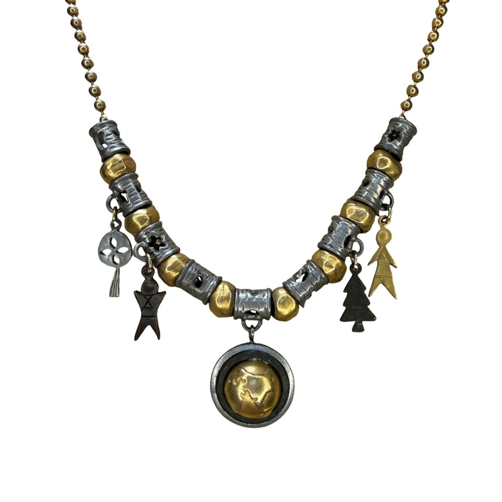 LCI Charm Necklace Gold Silver Mixed Metal Globe Bohemian‎ Artisan Whimsical